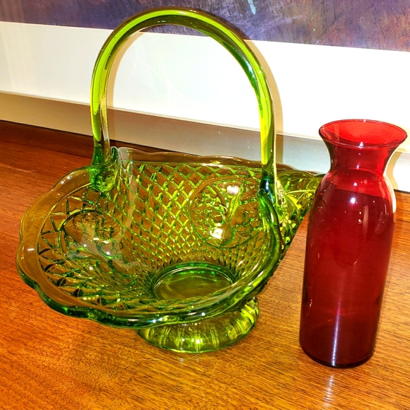 Vibrant Green Glass Fruit Basket with Red Glass Carafe.